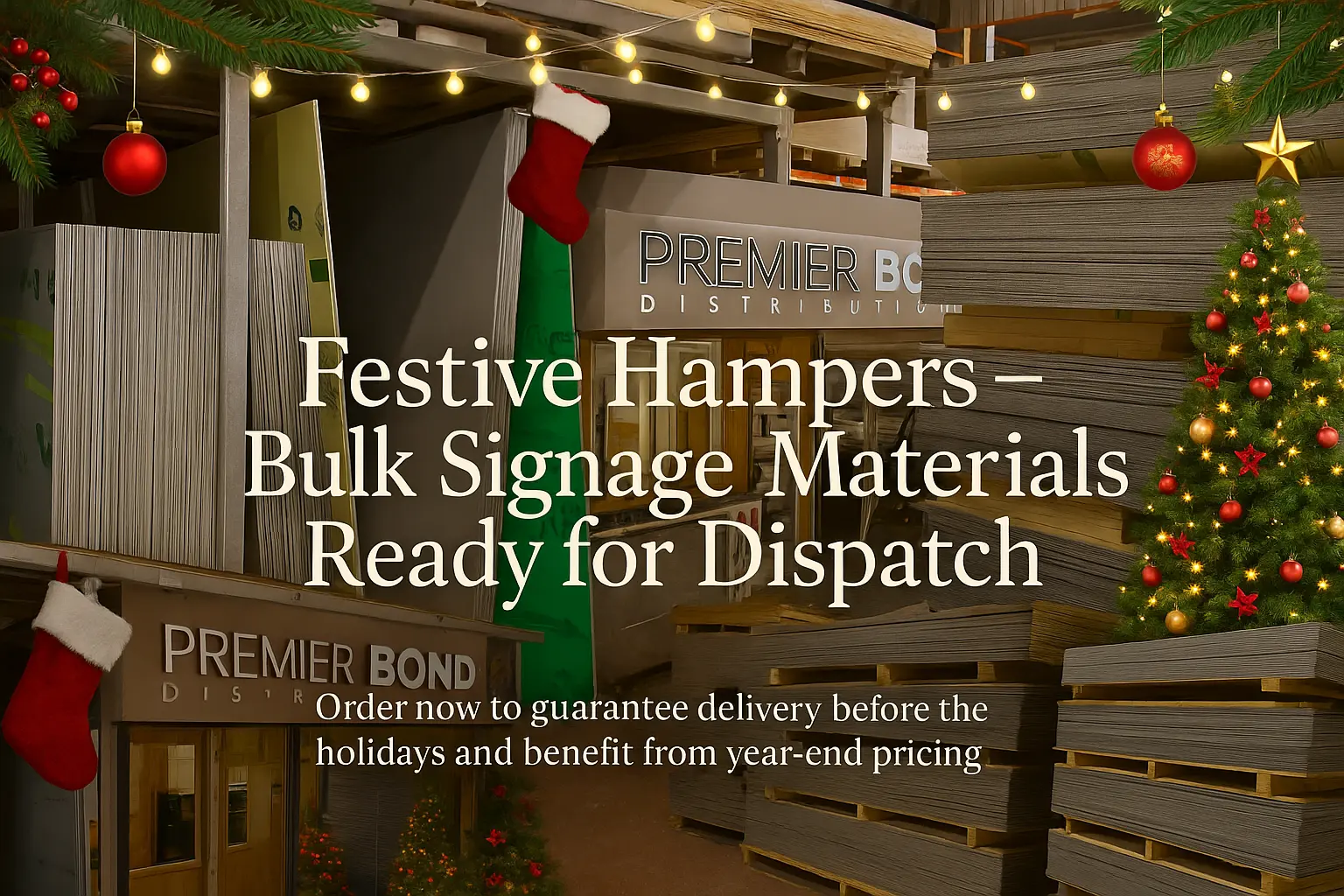 Festive Christmas-themed warehouse scene showing Premier Bond bulk signage materials stacked on pallets with Christmas lights, ornaments and trees